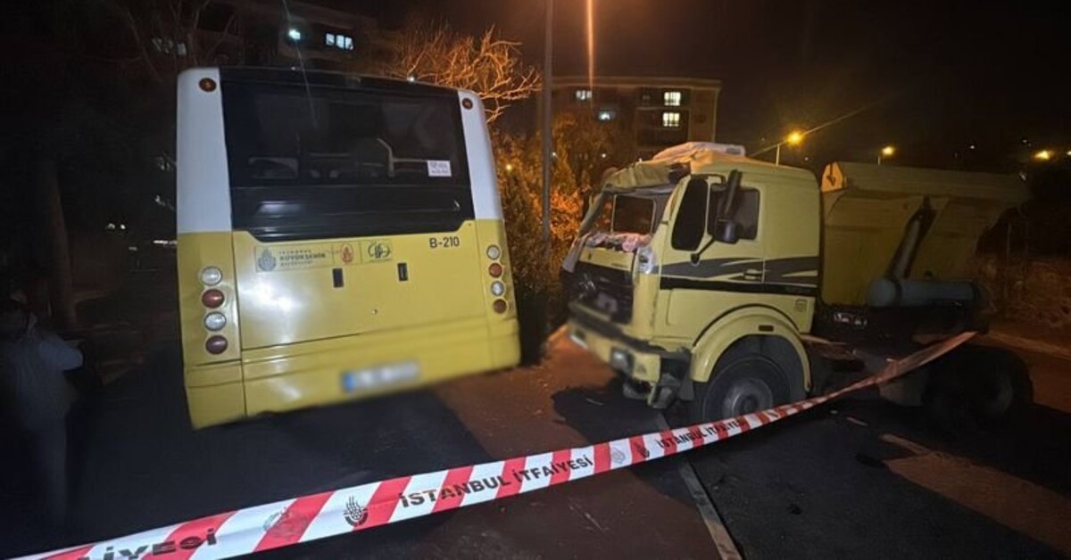 Başakşehir’de özel halk otobüsü park halindeki kamyona çarptı